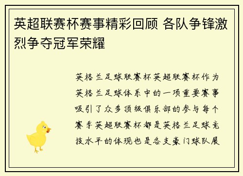 英超联赛杯赛事精彩回顾 各队争锋激烈争夺冠军荣耀